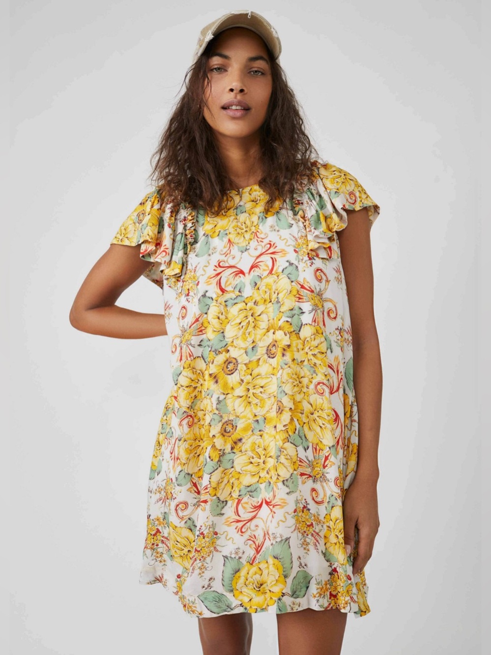 Free People Yara Yellow Floral Shift Dress with Green Leaf Accents